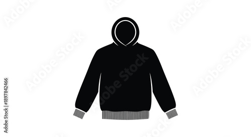 A simple black silhouette depicts a hooded sweatshirt with visible ribbed cuffs and waistband details high quality professional