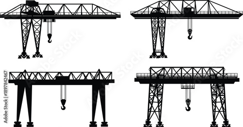 Gantry crane silhouette vector set, industrial crane illustration, construction equipment design, heavy load lifting machinery, shipyard crane artwork, stock vector
