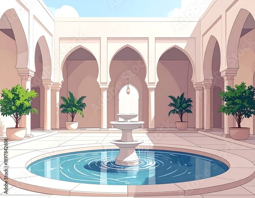 Line art of courtyard fountain surrounded by arches and plants