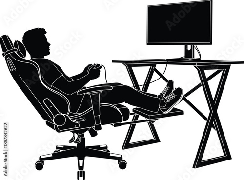 Gaming chair silhouette vector set, gamer workstation illustration, ergonomic furniture artwork, computer desk design outline, video game setup collection, stock vector