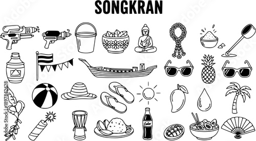 Songkran Festival Vector Icons: Water guns, buckets, Buddha, mango, fan, and more in black and white line art style.