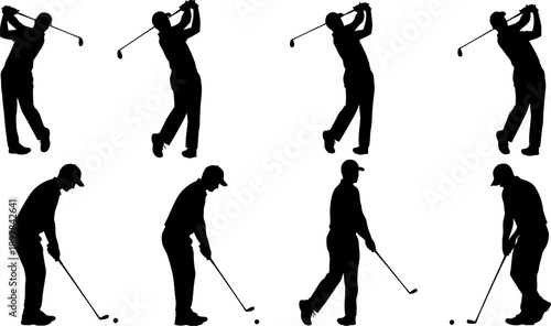 Dynamic Golf Player Silhouettes Capturing Various Action Poses and Swings
