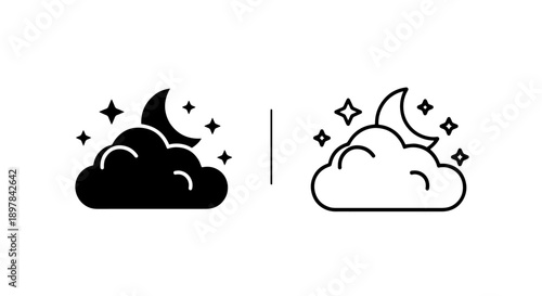 Night Sky Cloud and Moon Icon Set, Celestial Dreams Vector Symbol with Stars