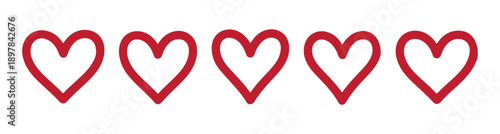 Five red outline hearts vector illustration, love rating concept, isolated on white background