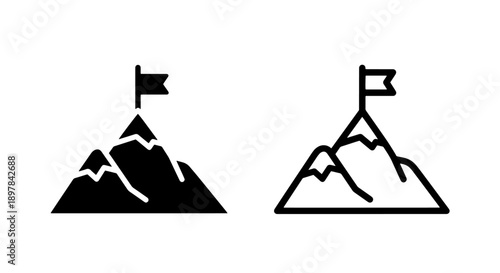 Mountain Peak with Flag Icon Set, Achievement and Success Vector Symbol