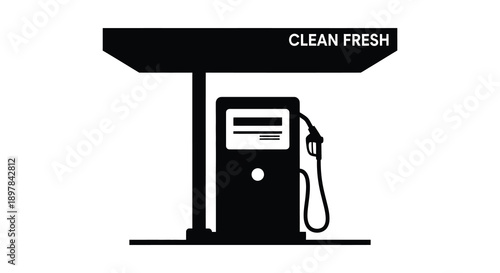 A stark black and white illustration depicts a gas pump with the words clean fresh above it