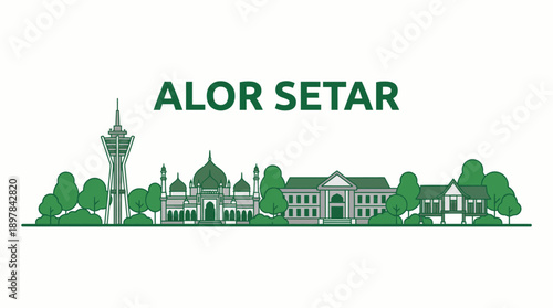 Alor Setar city skyline landmarks green vector illustration