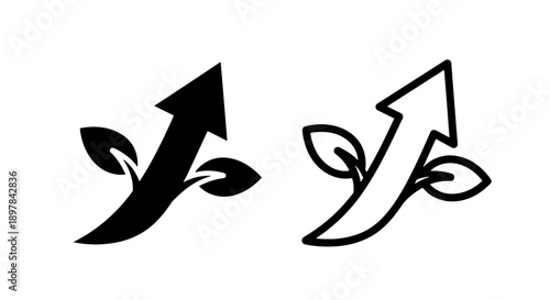 Upward environmental growth arrow with leaves icon symbolizing sustainable business and green development