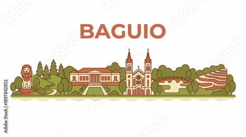 Baguio Philippines city skyline with famous landmarks vector illustration