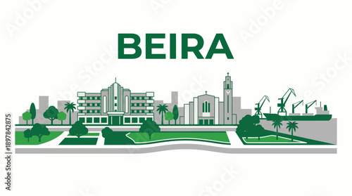Beira city skyline with landmarks and port vector illustration