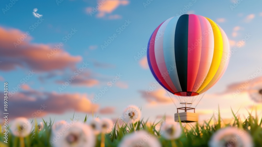 Fototapeta premium Colorful hot air balloon floating above dandelion flowers in a serene sunset landscape with fluffy clouds and a blue sky