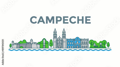 Campeche Mexico skyline with famous landmarks vector illustration