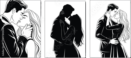 Romantic couple silhouette vector set, kissing embrace illustration, love artwork design, intimacy affection outline, relationship icon collection, stock vector