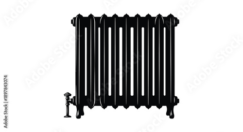 A simple isolated illustration depicts a black cast iron radiator with vertical columns and fittings high quality professional