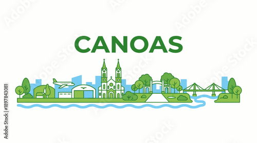Canoas city skyline with landmarks and river vector illustration