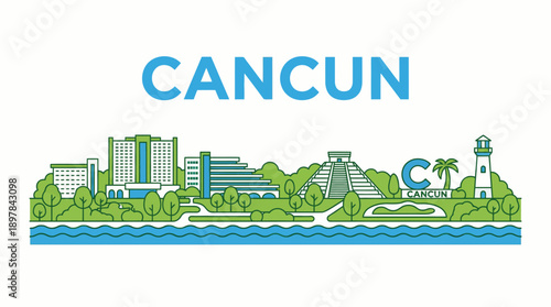 Cancun city skyline with resorts and Mayan ruins vector illustration