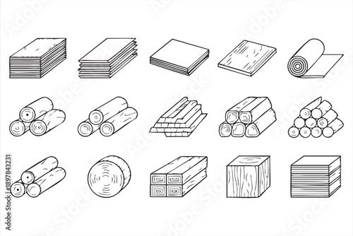 Woodworking and Building Material Icons Black and White