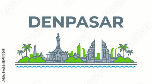 Denpasar city skyline landmarks with text vector illustration