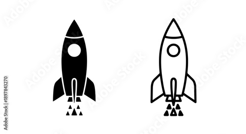 Black Rocket with Exhaust Flames Icon and Outline for Space Travel and Progress