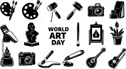 World Art Day: Diverse artistic tools and instruments in black and white glyph style