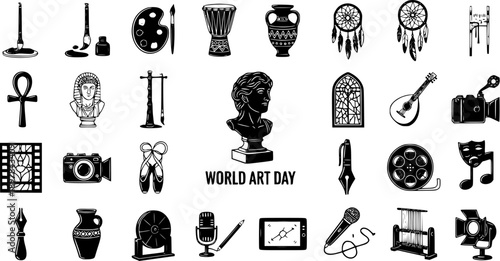 World Art Day vector icons celebrating creativity, culture, and artistic expression - black and white line art
