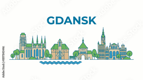 Gdansk Poland city skyline landmarks vector illustration