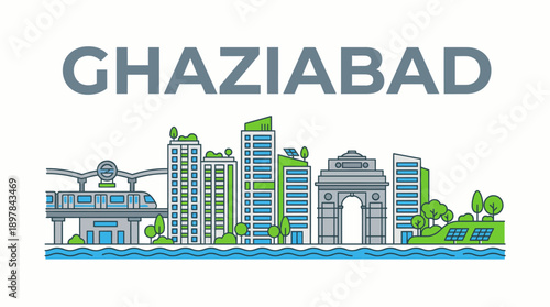 Ghaziabad city skyline with metro and sustainable buildings vector illustration