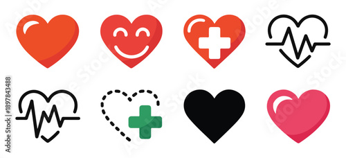 Medical heart rate icons set with pulse lines and diverse shapes representing health and cardiogram rhythm