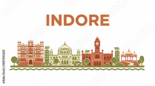 Indore city landmark skyline with famous monuments vector illustration