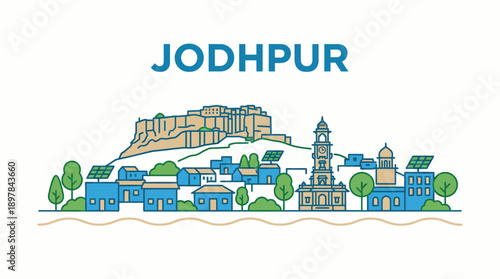 Jodhpur city skyline with Mehrangarh fort vector illustration