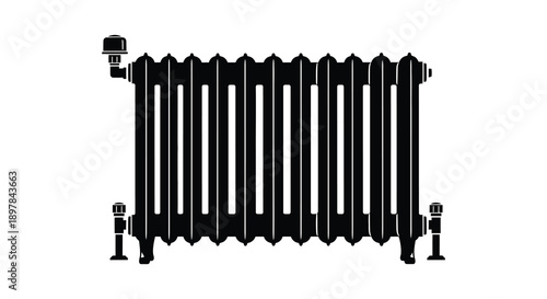 A stark black and white illustration depicts a vintage cast iron radiator with evenly spaced fins high quality professional detailed