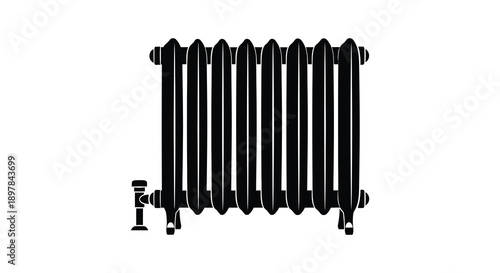 A stark black and white illustration depicts a classic vintage style radiator with multiple vertical columns high quality professional detailed modern