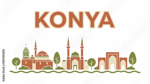 Konya Turkey city landmarks skyline tourism vector illustration