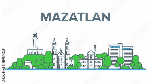 Mazatlan Mexico city skyline with landmarks vector illustration