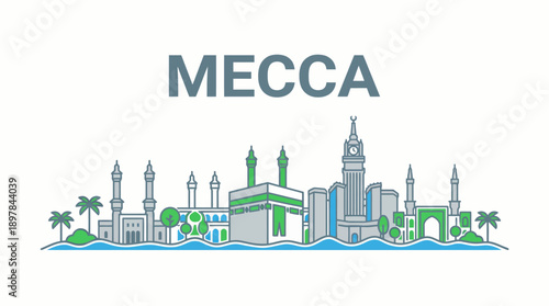 Mecca city skyline with Kaaba landmarks vector illustration