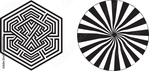Black and White Minimalist Geometric Vector Set: Abstract Hexagonal Maze and Circular Optical Illusion Spiral Pattern