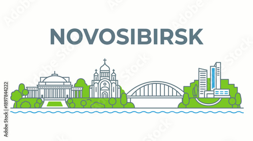 Novosibirsk city skyline landmarks vector illustration