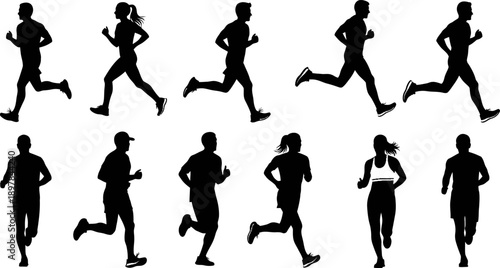 Dynamic silhouettes of diverse men and women running and jogging in various poses