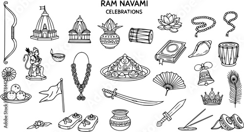 Ram Navami Celebrations Line Art Icons: Bow, Temples, Lord Rama, Lotus, Drum, Book, Conch, Bell, Crown, Peacock Feather