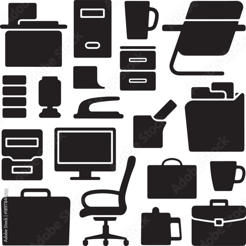 Office furniture and workspace item icon set in solid style