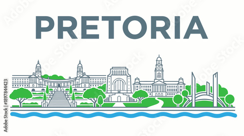 Pretoria South Africa skyline landmarks line art vector illustration