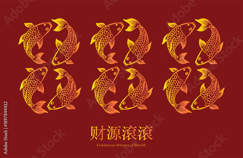 Chinese New Year vector background with golden koi fish and auspicious calligraphy "Cai Yuan Gun Gun" meaning continuous streams of wealth. Perfect for lunar festival greetings and posters.