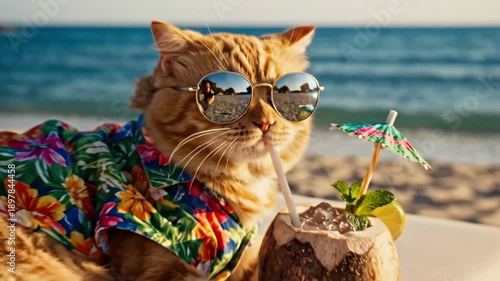 Funny ginger cat wearing sunglasses and tropical shirt, relaxing on beach lounger with coconut cocktail. Playful summer vacation concept