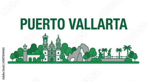 Puerto Vallarta skyline landmarks flat vector illustration