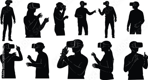 Virtual reality gamers silhouette set interacting with metaverse technology