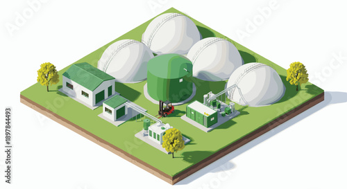 Isometric 3D illustration of a modern biogas plant with fermentation tanks storage domes and green energy infrastructure on a grass plot
