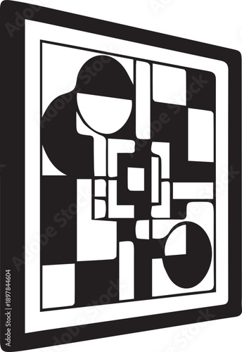 Abstract Monochromatic Geometric Pattern Vector with Minimalist Optical Illusion and Cubist Shapes in a 3D Perspective Frame