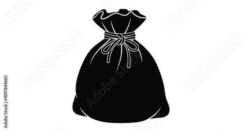 A simple black and white illustration depicts a closed sack or bag tied with a ribbon high quality professional detailed