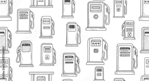 Line Art Gas Pumps Pattern, Illustration, Fuel Station, Graphic Design, White Background