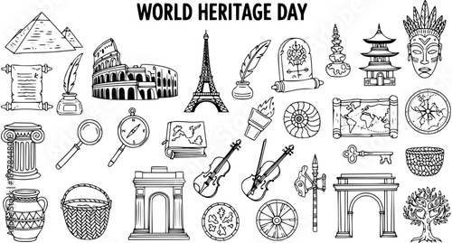 World Heritage Day Black  White Line Art Icons - Landmarks, Culture, History